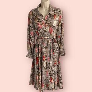 Nanette Lepore Floral Animal Print Dress Large 14 Vintage Long Sleeve Leopard